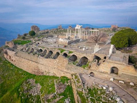 Hellenistic Attalid ruins of Pergamon Acropolis featuring cryptoporticus ar.. Stock Photos