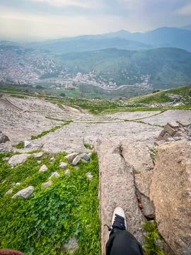 Hellenistic Attalid ruins of Pergamon Acropolis featuring terraced stone ti.. Stock Photos