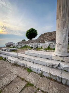 Hellenistic ruins of Pergamon Acropolis featuring Temple of Trajan, Dionysu.. Stock Photos