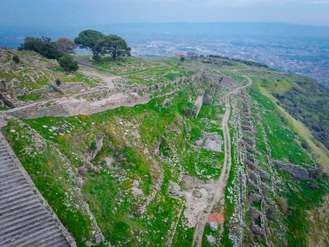 Hellenistic Ruins of Pergamon Acropolis Featuring Steepest Ancient Theater .. Stock Photos