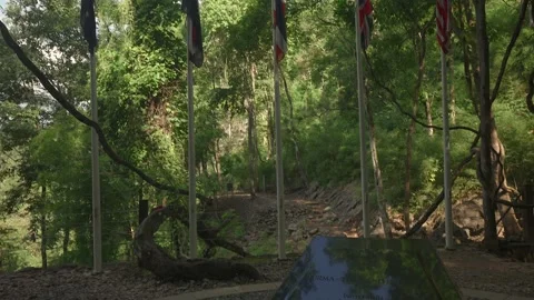 Hellfire Pass Memorial Flag Poles Stock Footage 295044743