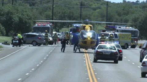 Hellicopter on Highway 71 Assisting with an accident rescue Stock Footage 10572902
