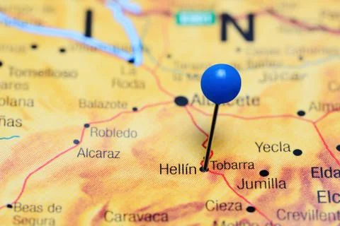 Hellin pinned on a map of Spain Stock Photos