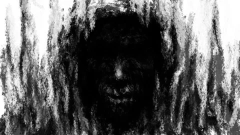 Hellish demon face in hood from nightmares. Illustrazione stock