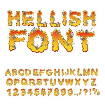Hellish font. inferno ABC. Fire letters. Sinners in hellfire.  Hell Alphabet. Stock Illustration