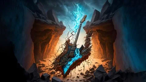 Hellish heavy metal rock electric guitars in rock world, neural network Stock Illustration