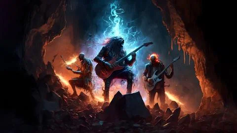 Hellish heavy metal rock musicians band with electric guitars in rock world.. Stock Illustration