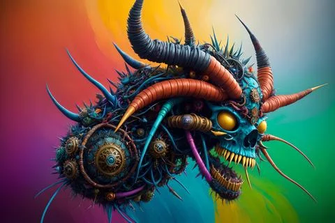 Hellish monster with fangs and horns, rotted flesh, empty eye sockets with ma Stock Illustration