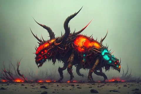 Hellish monster with fangs and horns, rotted flesh, empty eye sockets with ma Stock Illustration