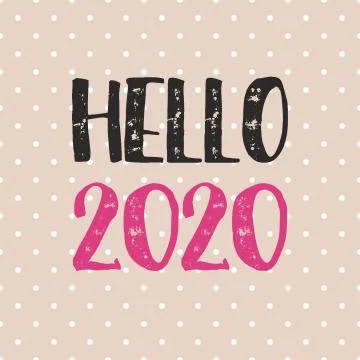 Hello 2020 hand drawn vector design card on pastel polka dots background Stock Illustration