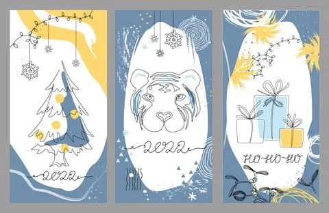 Hello 2022 winter cover set with in continuous line style. Tiger, fir tree Stock Illustration