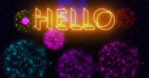Hello, 2024 - illustration neon colored with neon colorful fireworks in hig.. Stock Illustration
