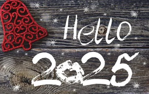 Hello 2025,  New Year, text on textured wooden table, handwritten numbers a.. Stock Illustration