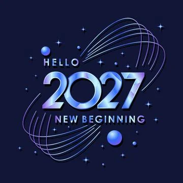 Hello 2027 New Beginning with Metallic Text and Starry Wireframe Swirls Stock Illustration