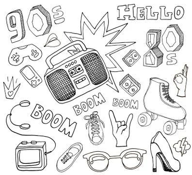Hello 80s,90s. Retro elements,boombox,cassete, rollers, glasses,Cassette Pl.. Stock Illustration