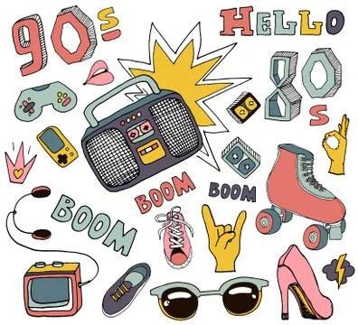 Hello 80s,90s. Retro elements,boombox,cassete, rollers, glasses,Cassette Pl.. Stock Illustration