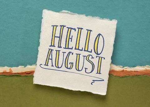 Hello August greeting note Stock Photos