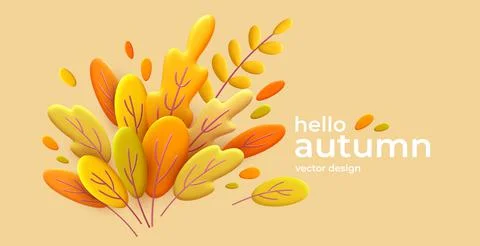 Hello Autumn 3d minimal background with autumn yellow, orange leaves. 3d Fall Stock Illustration