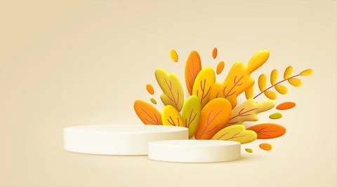 Hello Autumn 3d minimal background with autumn yellow, orange leaves and product Illustrazione stock