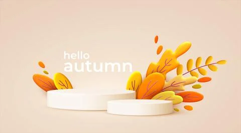 Hello Autumn 3d minimal background with autumn yellow, orange leaves and product Illustrazione stock