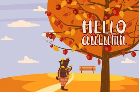 Hello Autumn apple tree Cute bear in pants with apple landscape fruit harvest Stock Illustration