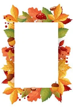 Hello Autumn. Autumn frame rectangular, with leaves and mushrooms on white .. Illustrazione stock