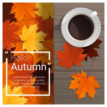 Hello autumn background with cup of coffee on wooden board Stock Illustration