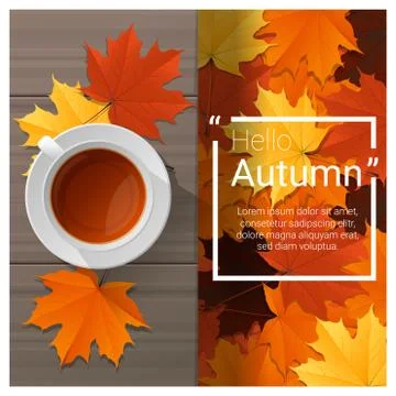 Hello autumn background with cup of tea on wooden board Stock Illustration