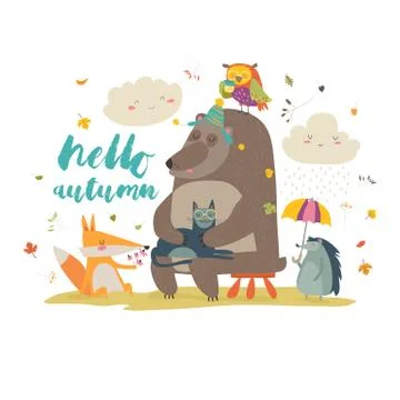 Hello autumn background with cute animals Stock Illustration