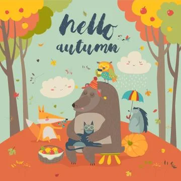 Hello autumn background with cute animals Stock Illustration