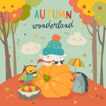 Hello autumn background with cute animals Stock Illustration