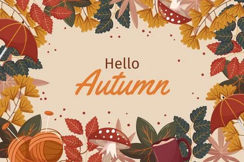 Hello Autumn background design with different leaves branches, knits and um.. Stock Illustration
