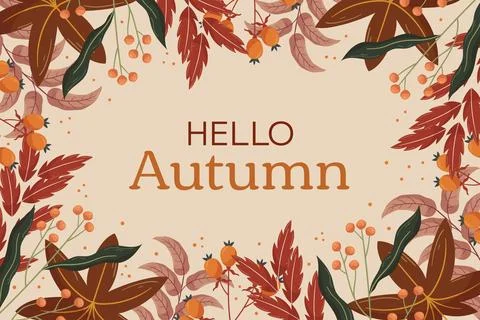 Hello Autumn background design with maple leaf and orange berry, red and brown Stock Illustration