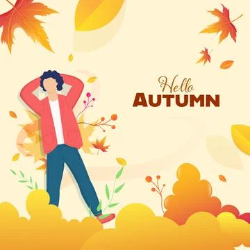 Hello Autumn Background With Faceless Young Boy Lying Down At Maple Leaves. Stock Illustration