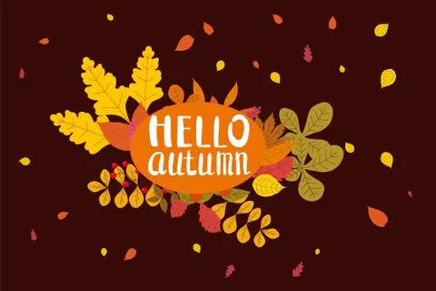 Hello Autumn, background with falling leaves, yellow, orange, brown, fall Stock Illustration