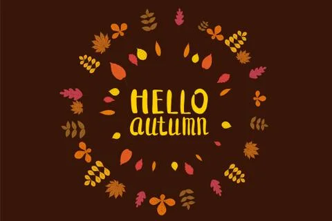 Hello Autumn, background with falling leaves, yellow, orange, brown, fall Illustrazione stock