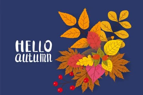 Hello Autumn, background with falling leaves, yellow, orange, brown, fall Illustrazione stock