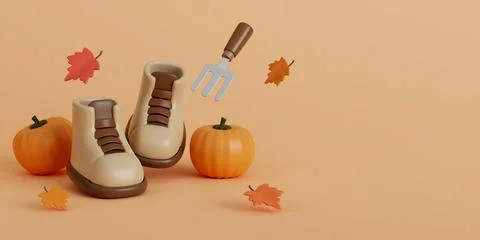 Hello Autumn with boot, leaves, pumpkins, and Shoveling fork background. 3d Fall Stock Illustration