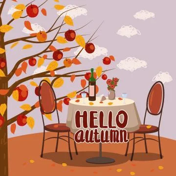 Hello Autumn cafe table with wine for two persons autumn branches of falling Stock Illustration