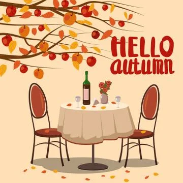 Hello Autumn cafe table with wine for two persons autumn branches of falling Stock Illustration