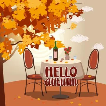 Hello Autumn cafe table with wine for two persons autumn branches of falling Stock Illustration