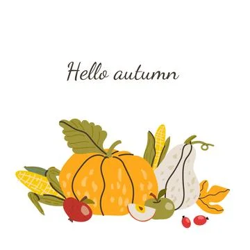 Hello Autumn card template. Fall harvest or thanksgiving festival design for Stock Illustration