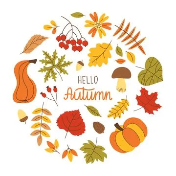 Hello autumn circle frame with leaves, mushroom, acorn, pumpkin and berries.. Stock Illustration