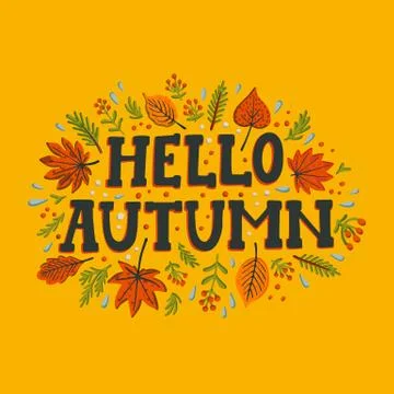 Hello autumn composition on yellow background. Autumn berries and leaves 스톡 일러스트
