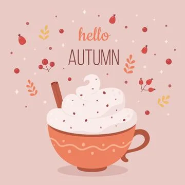 Hello autumn concept. Coffee cup with cream and cinnamon. Autumn hot drink. 库存插图