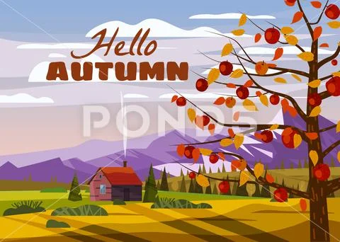 Hello Autumn countryside rural landscape apple tree landscape fruit harvest Stock Illustration