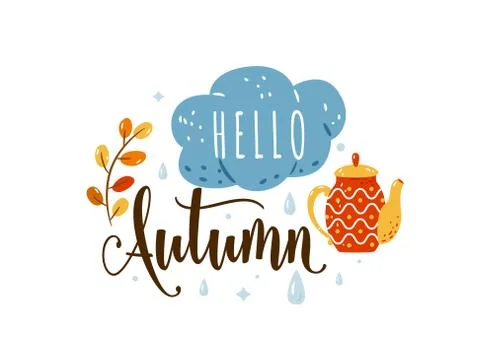 Hello Autumn cozy quote vector illustration isolated on white background. Cute Stock Illustration