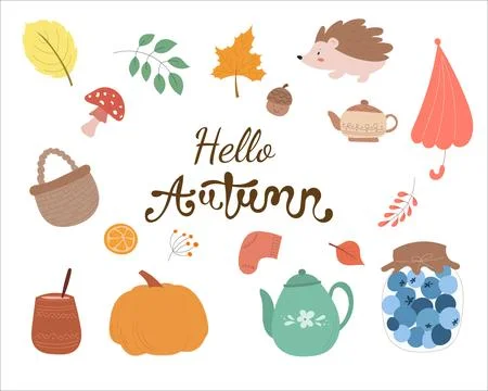 Hello autumn cute elements set, hand drawn vector Stock Illustration