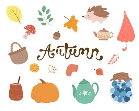 Hello autumn cute elements set, hand drawn vector 스톡 일러스트