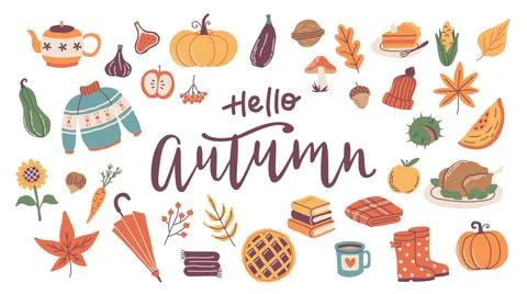 Hello autumn elements set with calligraphy, cute hand drawn seasonal objects Illustration